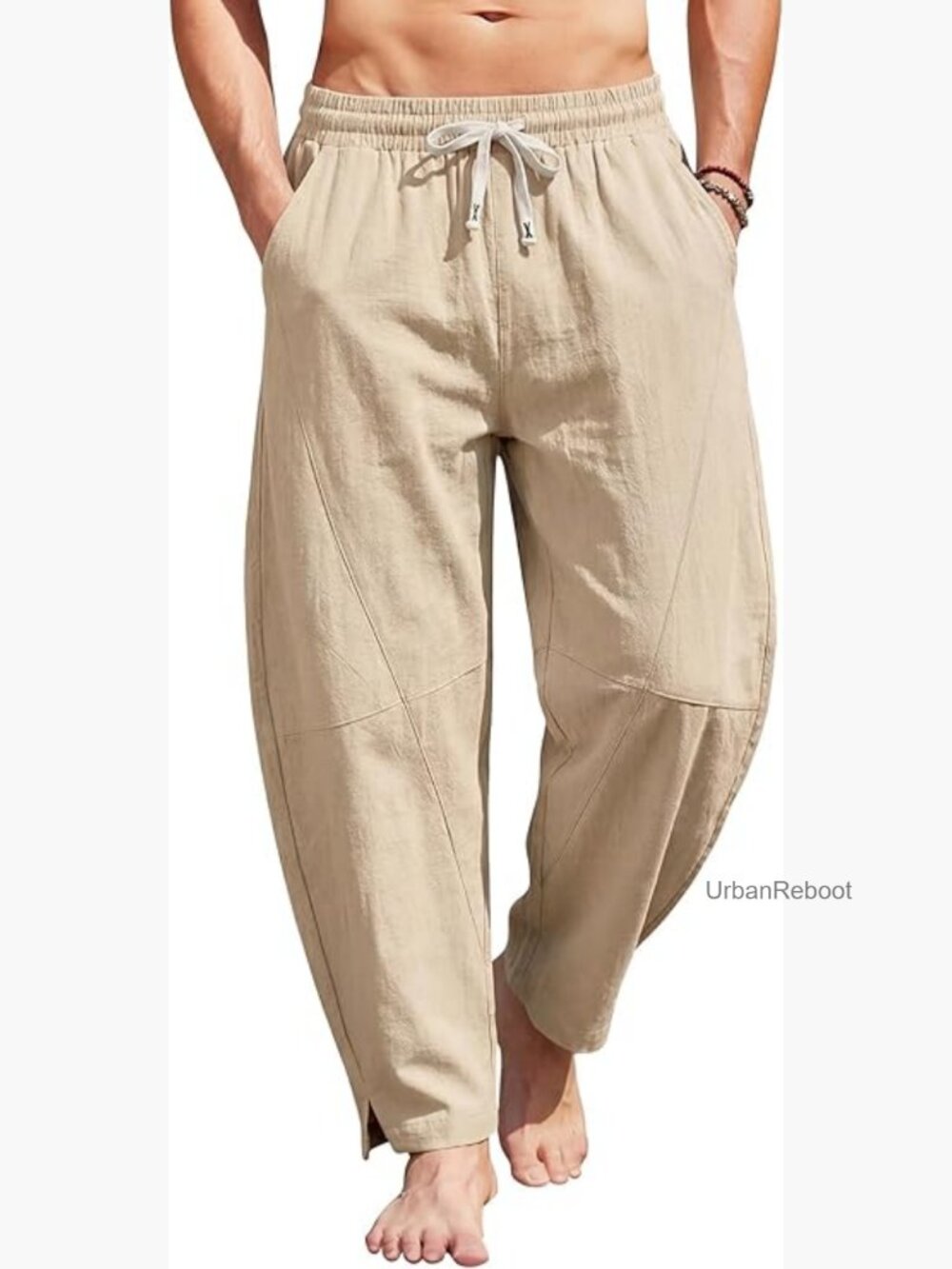 Mens Linen Harem Pants Casual Lightweight Summer Drawstring Yoga Trousers with